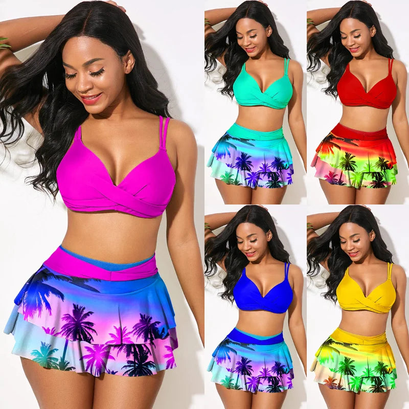 traje de baño Leisure Surfing Women Swimwear Sexy Split High Waist Ruffle Printed Skirt Swimsuit for Bating Plus Size Swimdress Trajes De Baño