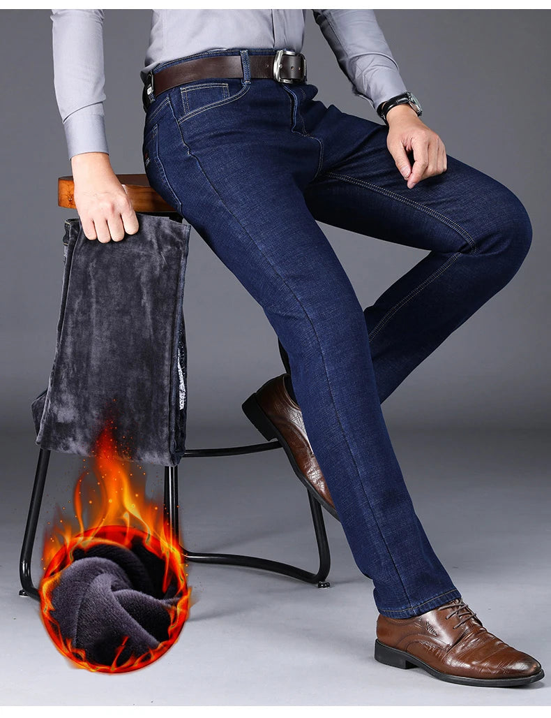 2022 Winter New Men's Fleece Warm Jeans Classic Style Business Casual Thicken Regular Fit Denim Pants Black Blue Brand Trousers