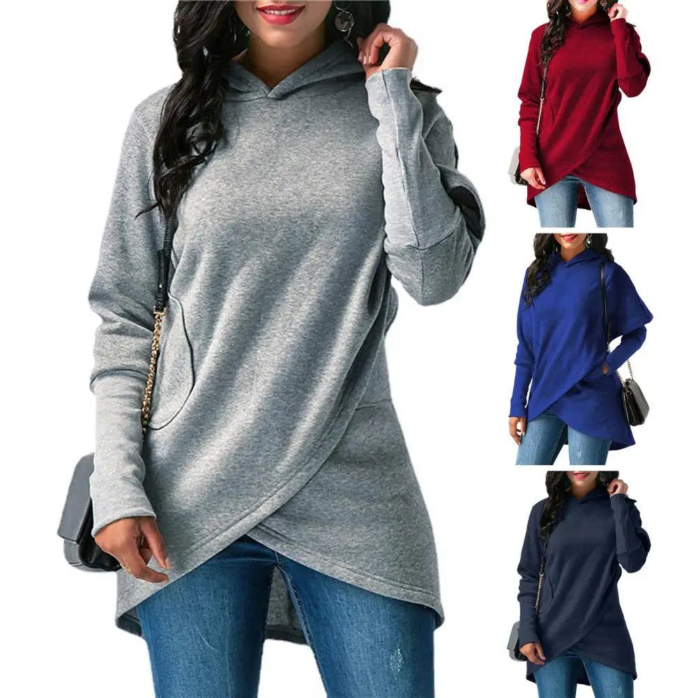 ropa Mid-length Irregular Cross Hem Pullover Hoodie Women Autumn Winter Hoodie Top Loose Fit Hooded Sweatshirt Outerwear Streetwear