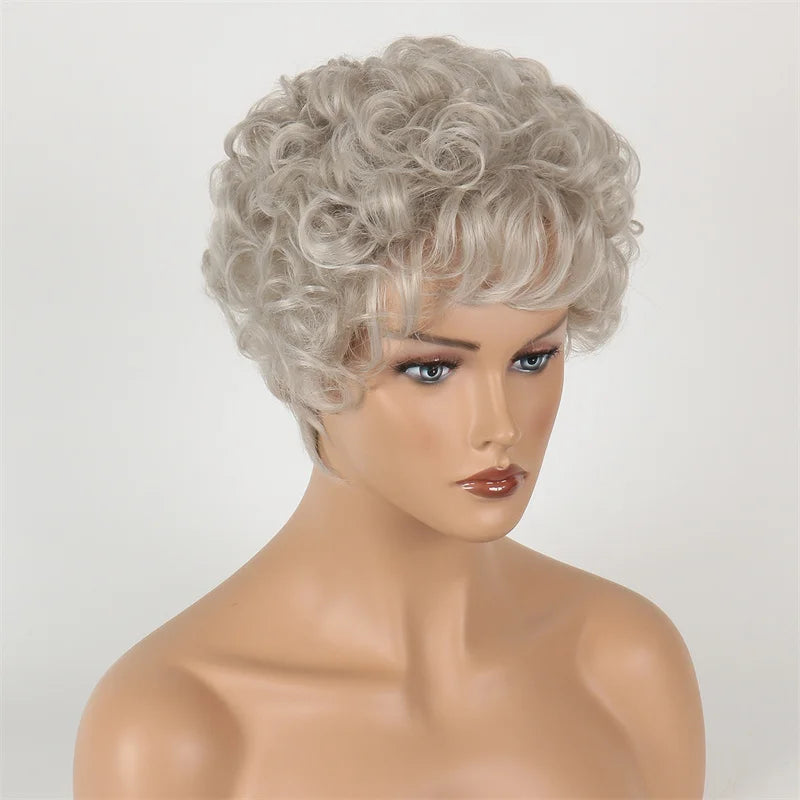 Grey Short  Wigs Curly Hair Wigs for Women Full Bangs  Heat Resistant  Peluca Sythetic  Fiber