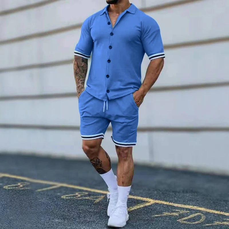 chemise d´ete Popular Men's Summer Polo Cardigan Solid Short Sleeve Shorts Two Piece Casual Set