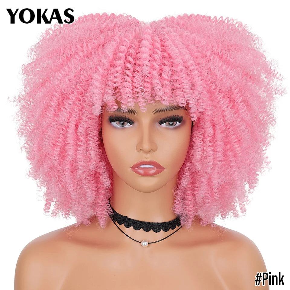 Short Afro Kinky Curly Wig With Bangs Synthetic Hair Female Blonde Pink White Blue Brown Purple Pelucas For Black Women YOKAS