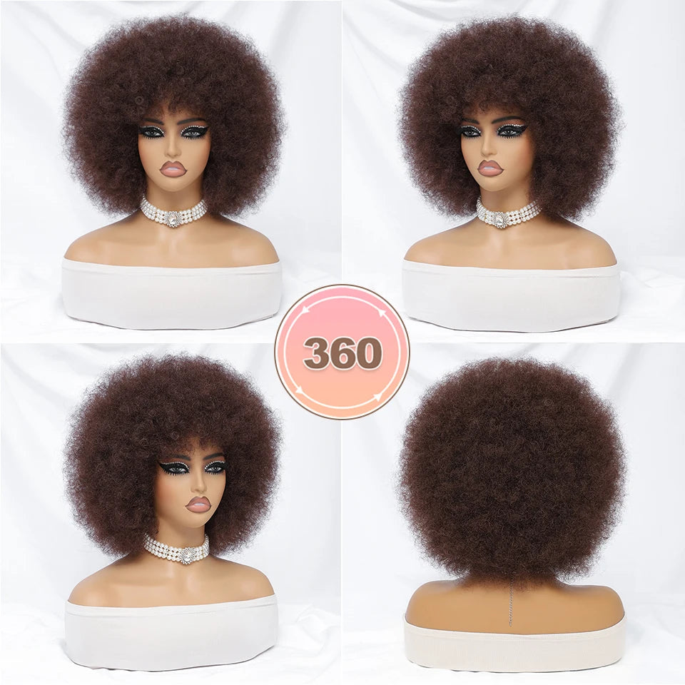 Short Afro Wigs for Black Women Blonde 10" Afro Curly Wig With Bangs 70s Bouncy Natural Synthetic Female Wigs for Party Cosplay