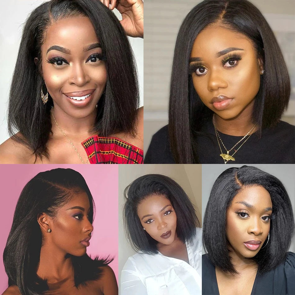 Kinky Straight Short Bob Wigs 100% Natural Human Hair Wigs 13x4 Transparent Lace Frontal Wig For Black Women Wholesale On Sale