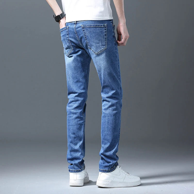 Business Men Straight Leg Classic Jeans Casual Denim Long Pants Slim Fit Simple Man Trousers Fashion Men's Stretch Jeans