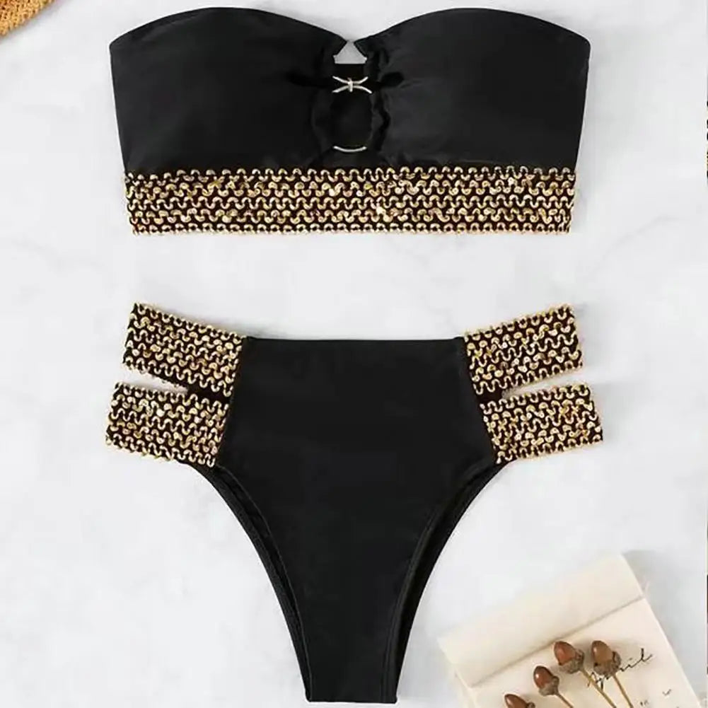 traje de baño Swimwear Women 2024 Ring Connection Off Shoulder Bikini Set Bandeau Bra Briefs Swimwear Beachwear trajes de baño mujer