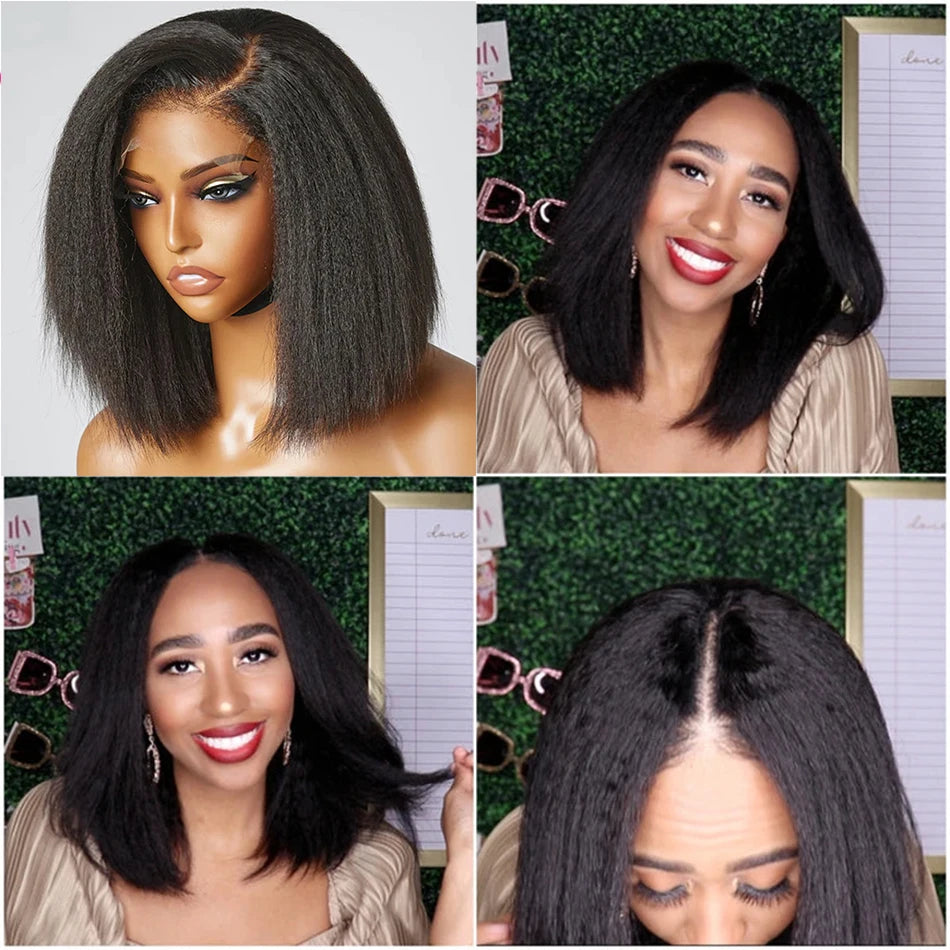 Kinky Straight Short Bob Wigs 100% Natural Human Hair Wigs 13x4 Transparent Lace Frontal Wig For Black Women Wholesale On Sale