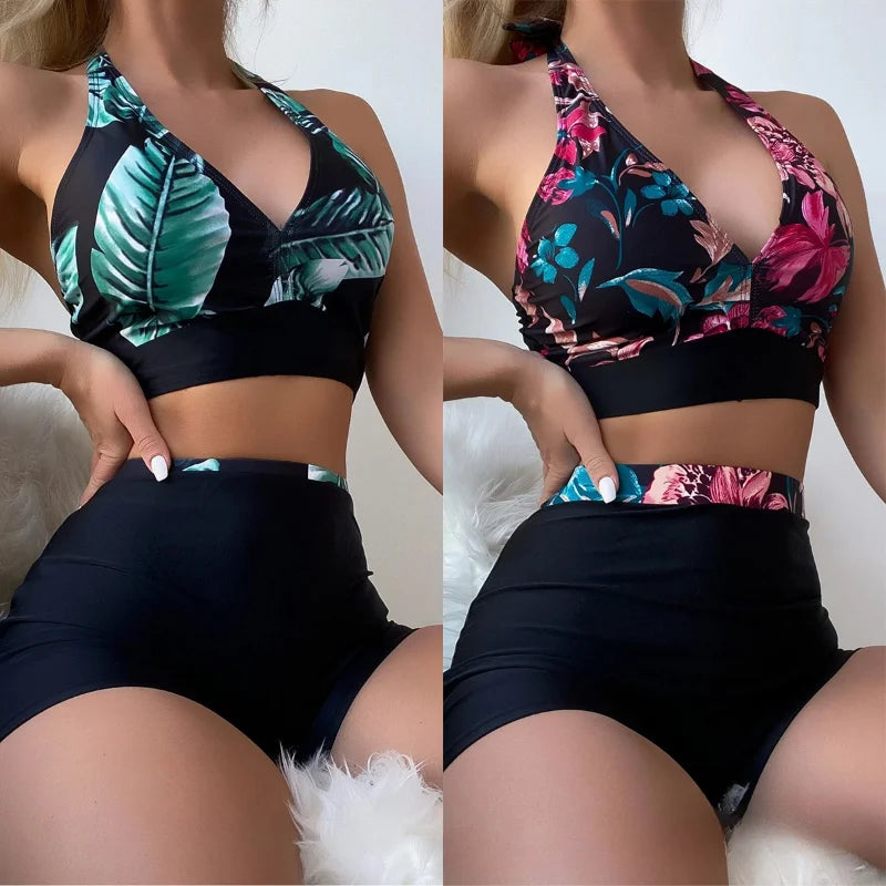 traje de baño Sexy Push Up Swimwear Female Split Boyshort Solid Color Printed Stitching Swimsuit Summer Ring Bathing Suit Trajes De Baño