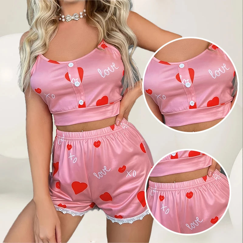 Women's Camouflage Top and Lace Patchwork Sleepwear Women's Printed Heart-Shaped Cute Casual Home Summer Sleepwear Set