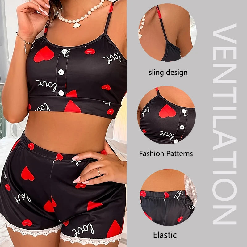 2PCS/Set Ladies Pajamas Black Love Halter Tank Top Shorts European Version of Ladies Fashion Sexy Lace Halter Soft Homewear