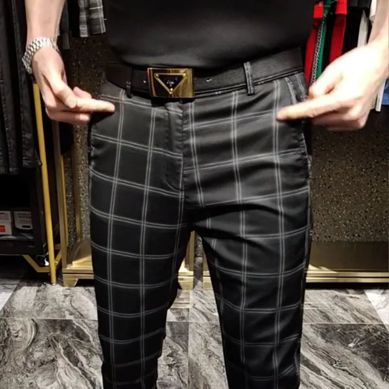 New Male Classic Black Formal Pants Men Striped Plaid Business Casual Fashion Comfortable Office Cotton Slim Suit Trousers 29-38