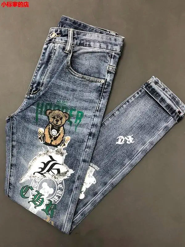 jeans pantalones New Arrival Slim Fit Denim Jeans Cute Cartoon Bear Print for Men's Casual Spring Autumn Stretch Slim Jeans Hombre Graphic Jeans