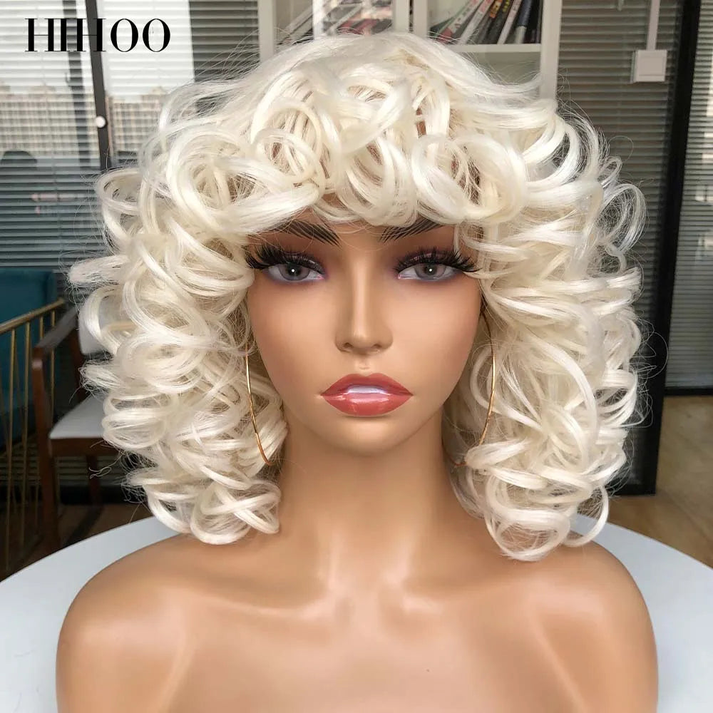 Short Afro Curly Wig With Bangs For Black Women Synthetic Fluffy Mixed Brown Blonde Wig Natural High Temperat Red