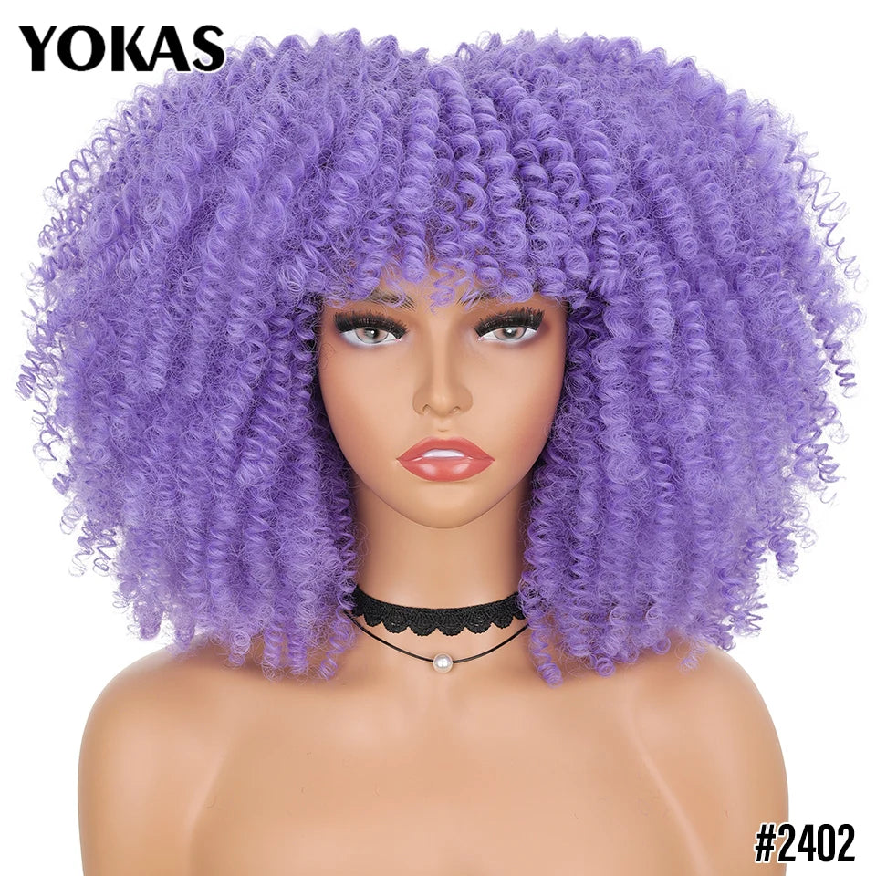 Short Afro Kinky Curly Wig With Bangs Synthetic Hair Female Blonde Pink White Blue Brown Purple Pelucas For Black Women YOKAS