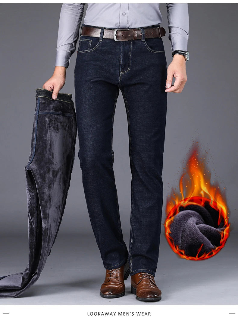 2022 Winter New Men's Fleece Warm Jeans Classic Style Business Casual Thicken Regular Fit Denim Pants Black Blue Brand Trousers