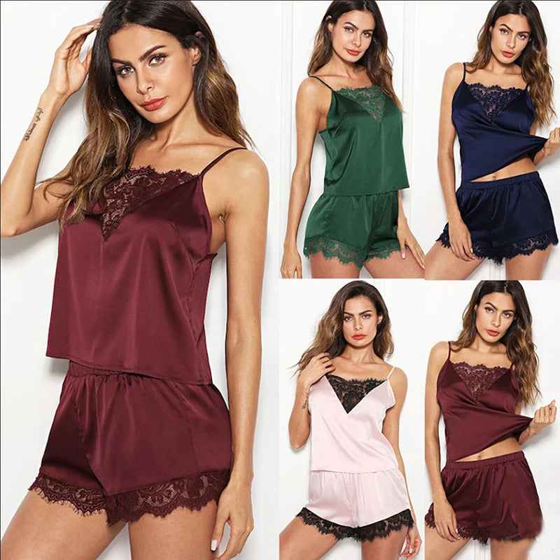 Women Pajamas Set Satin Lace Sleepwear Lingerie Ladies Elastic Suspender Shorts Nightwear Suits Sexy Sleeveless Underwear Tops