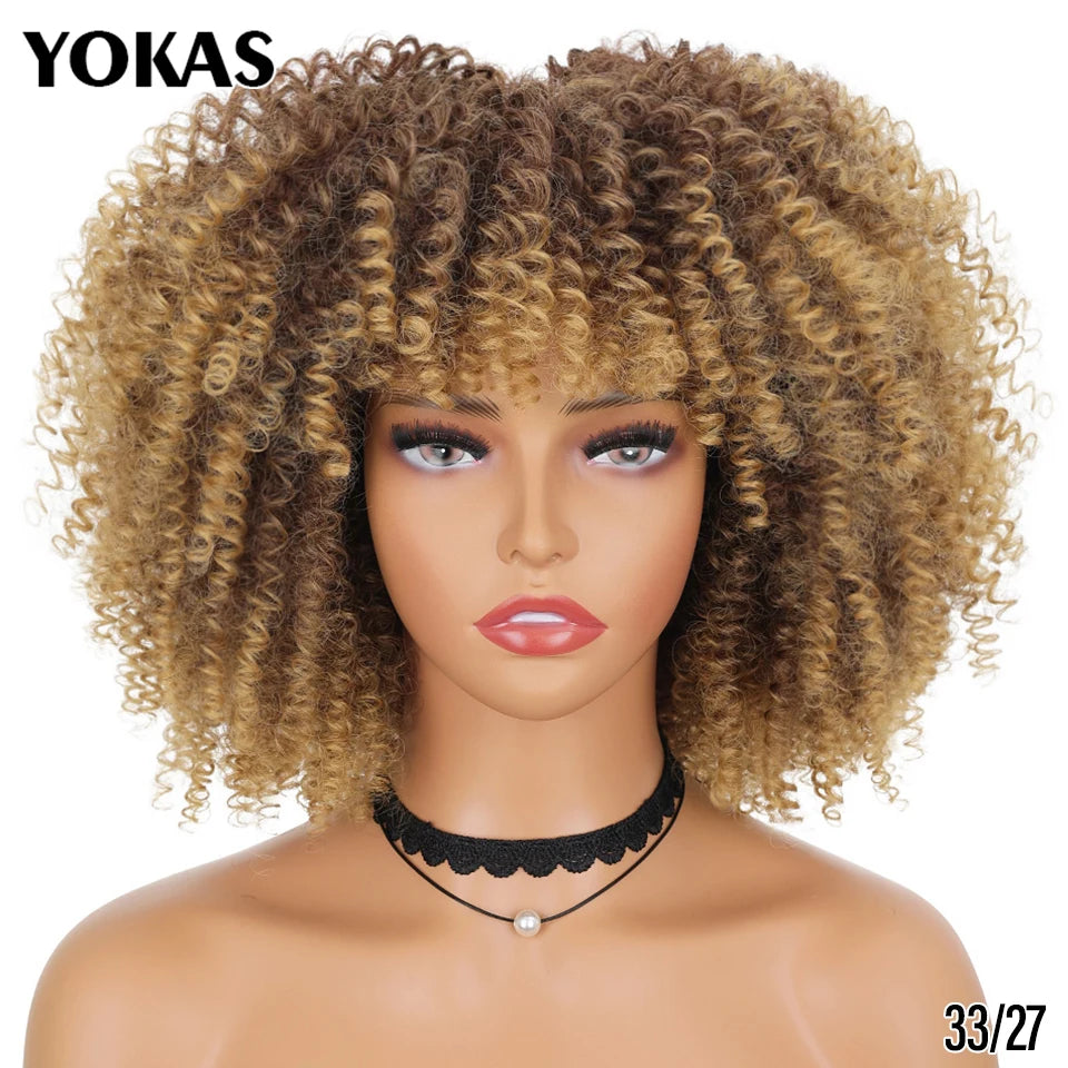 Short Afro Kinky Curly Wig With Bangs Synthetic Hair Female Blonde Pink White Blue Brown Purple Pelucas For Black Women YOKAS