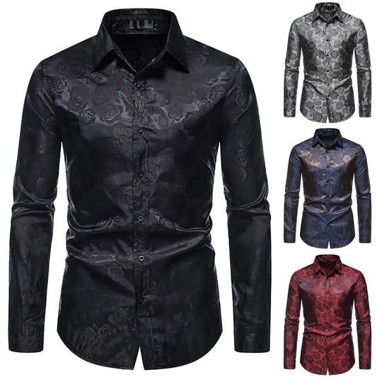 Spring And Autumn Men's Long-sleeved Casual Rose Printing Shirt Tops Turndown Collar Slim Fit Fashion Men's Shirts Blouse