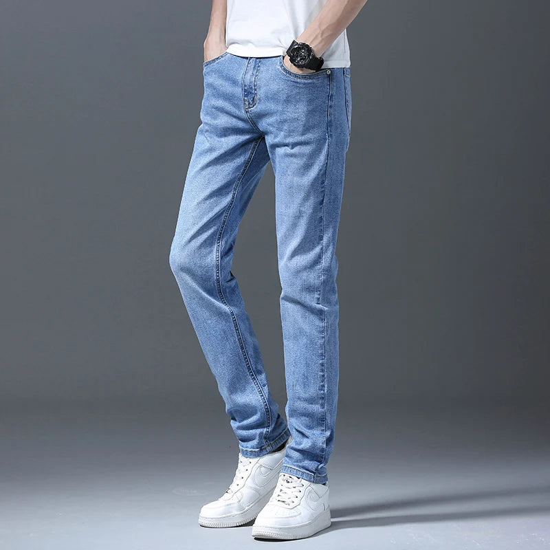 Business Men Straight Leg Classic Jeans Casual Denim Long Pants Slim Fit Simple Man Trousers Fashion Men's Stretch Jeans