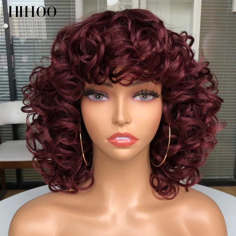 Short Afro Curly Wig With Bangs For Black Women Synthetic Fluffy Mixed Brown Blonde Wig Natural High Temperat Red