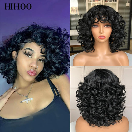 Short Afro Curly Wig With Bangs For Black Women Synthetic Fluffy Mixed Brown Blonde Wig Natural High Temperat Red