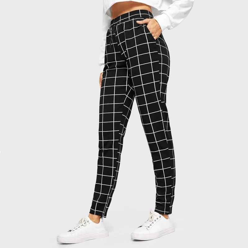 Fall Winter Plaid Black Pants for Women Fashion Elastic Waist Pockets Printed Loose Casual Pencil Pant Ol Ladies Trousers XXL