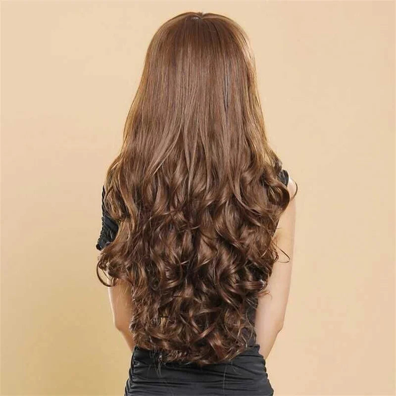 Brown Long Curly Wig for Women Daily Use Sythetic Fiber Heat Resistant Neat Bangs Lovely Gift Peluca