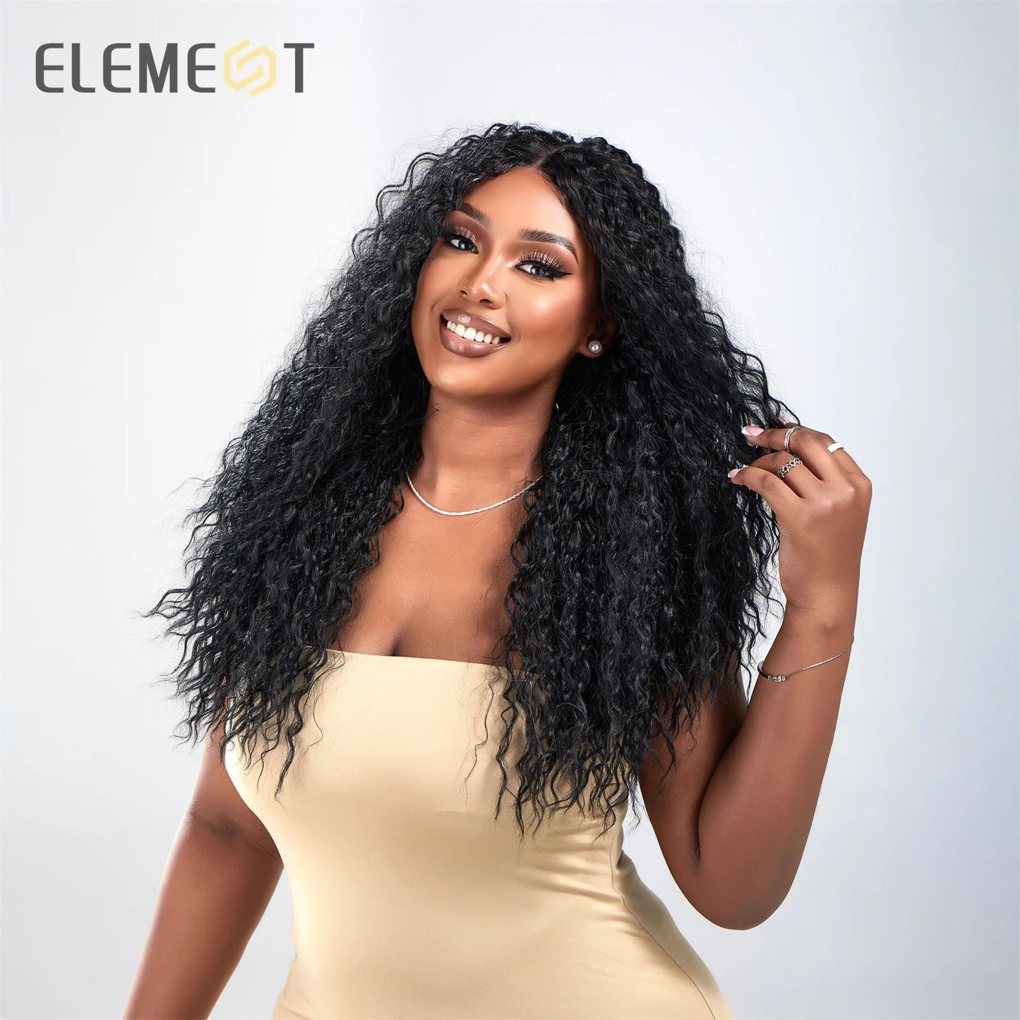 ELEMENT New Style Synthetic Long Wavy Curly Black Middle Part Hair Wigs for Women Heat Resistant  Party Daily Wig Peluca Hair