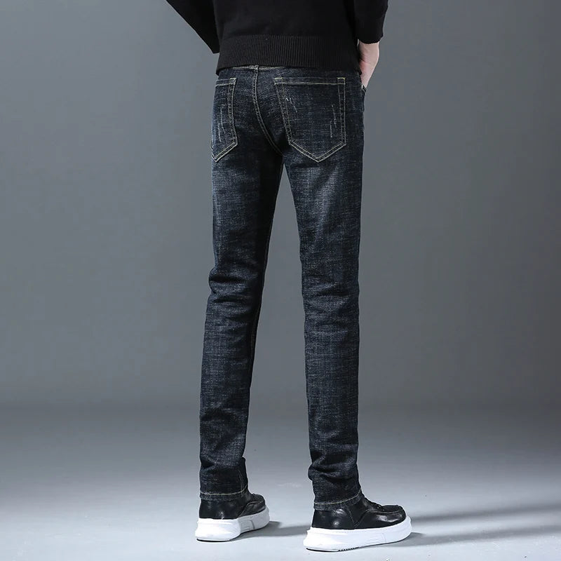 Business Men Straight Leg Classic Jeans Casual Denim Long Pants Slim Fit Simple Man Trousers Fashion Men's Stretch Jeans