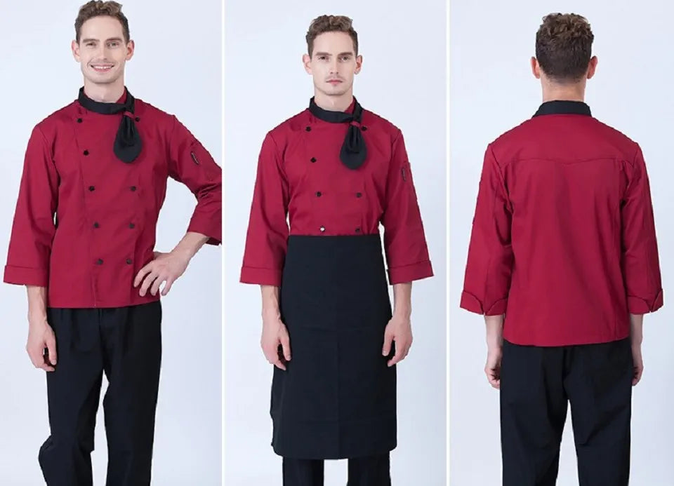 ropas de cocina ,chef Unisex Kitchen Chef Jackets Restaurant Waiter Uniform Shirt Bakery Double Breasted Work Clothes Long Sleeves Send Bow Tie