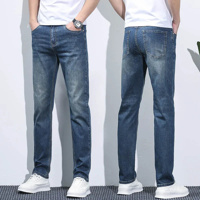 Business Men Straight Leg Classic Jeans Casual Denim Long Pants Slim Fit Simple Man Trousers Fashion Men's Stretch Jeans