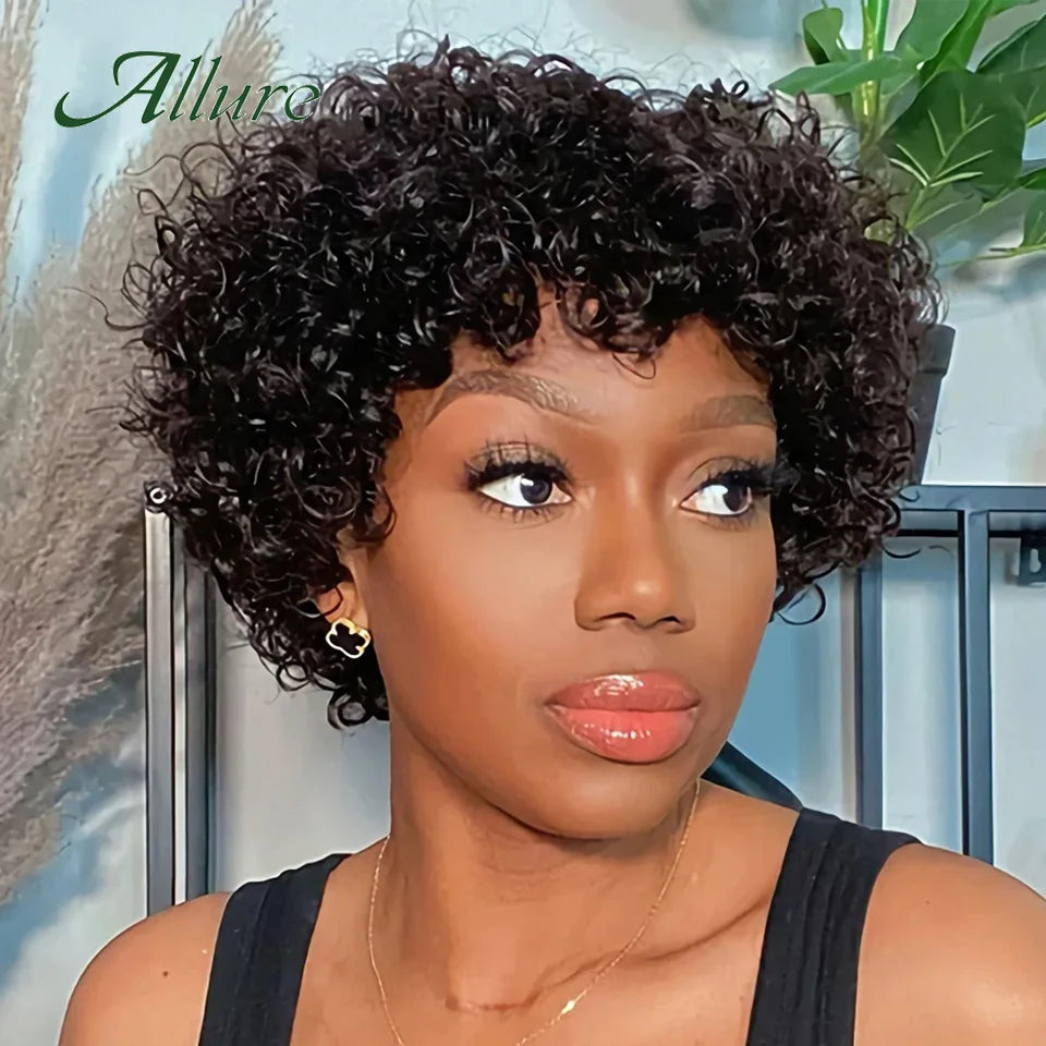 Short Pixie Afro Kinky Curly Wigs for Black Women Glueless Natural Brown Bob Wig With Bangs Brazilian Human Hair Wigs Allure