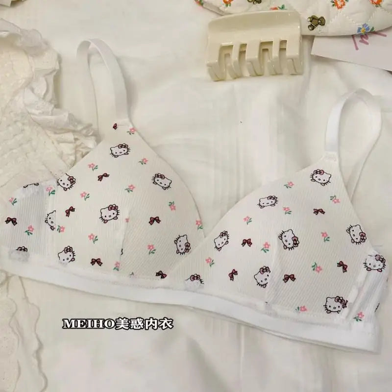 bragas Sexy  Hello Kitty Bra Kawaii Sanrio Underwear Set Anime Print Small Size Breathable Without Wires Cartoon Cute Girl Swimsuit Bra Set