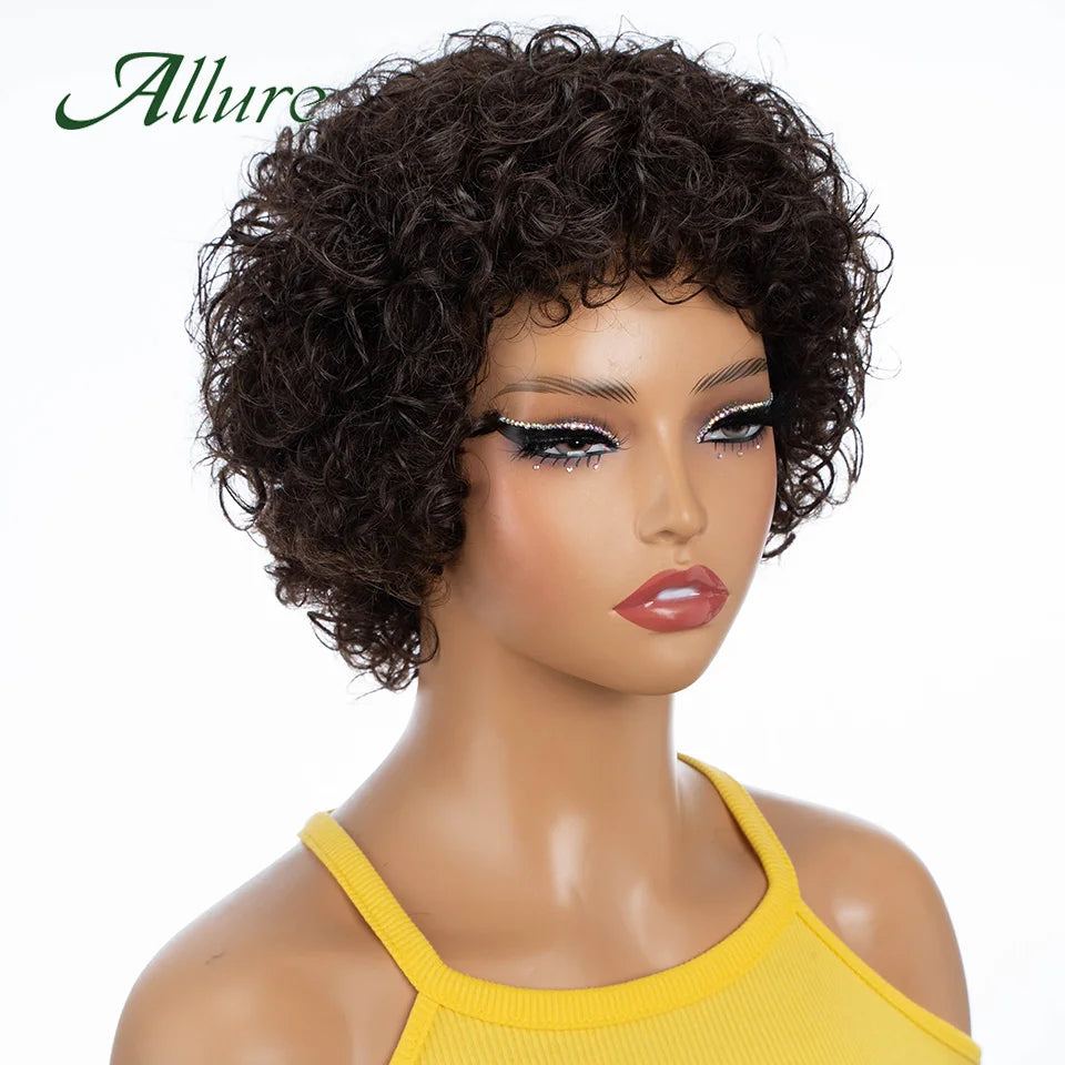 Short Pixie Afro Kinky Curly Wigs for Black Women Glueless Natural Brown Bob Wig With Bangs Brazilian Human Hair Wigs Allure