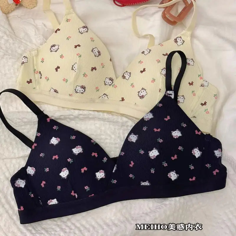 bragas Sexy  Hello Kitty Bra Kawaii Sanrio Underwear Set Anime Print Small Size Breathable Without Wires Cartoon Cute Girl Swimsuit Bra Set