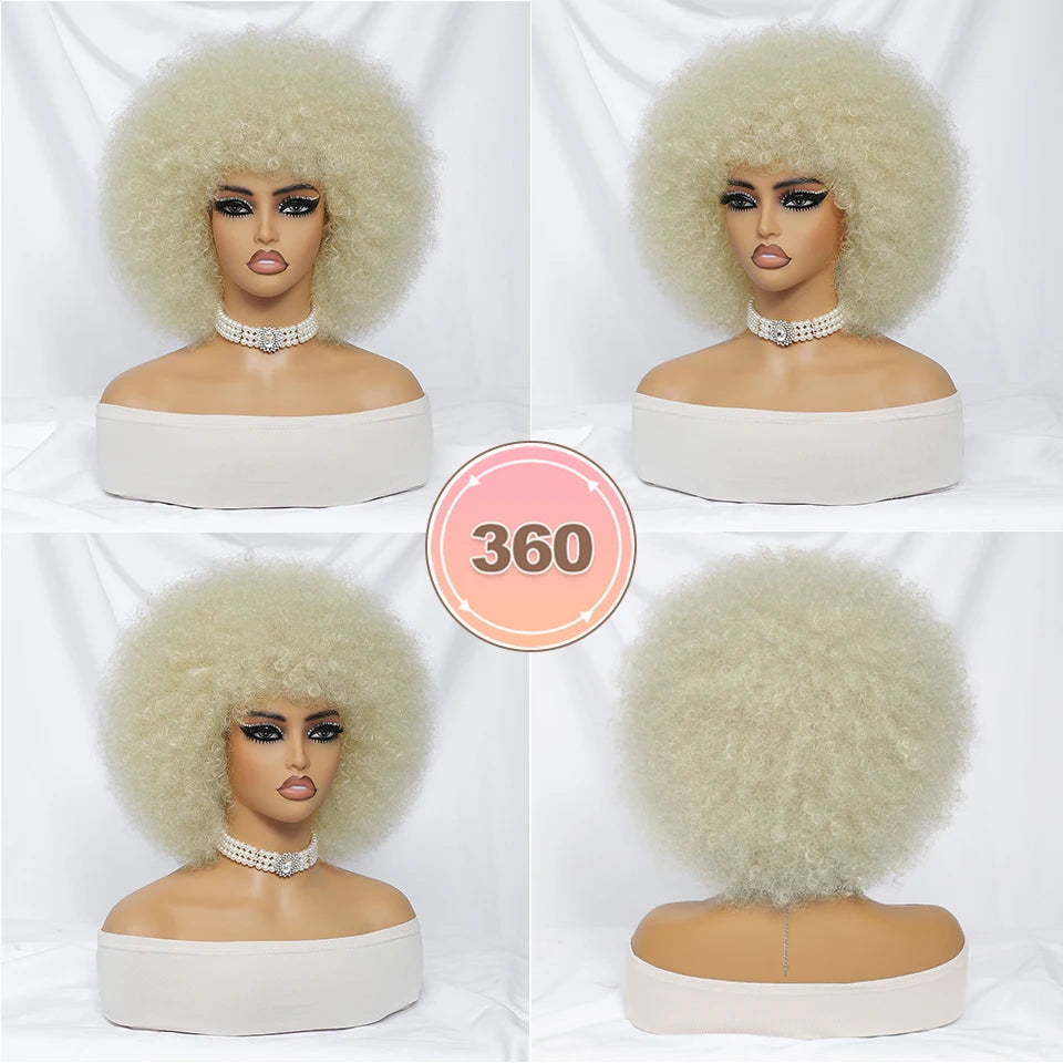 Short Afro Wigs for Black Women Blonde 10" Afro Curly Wig With Bangs 70s Bouncy Natural Synthetic Female Wigs for Party Cosplay