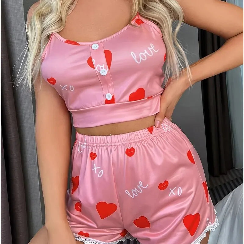 Women's Camouflage Top and Lace Patchwork Sleepwear Women's Printed Heart-Shaped Cute Casual Home Summer Sleepwear Set