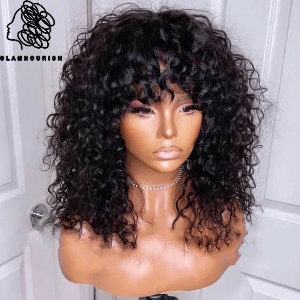 Short Bob Cut Human Hair Wigs With Bangs 180% Density Jerry Curly Wig Highlight Honey Water Wave Wigs Natural Black