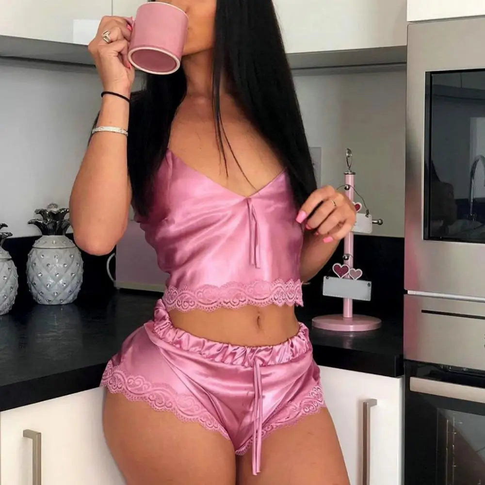 2 Pcs Women Summer Sweet Sexy Pajamas Silk Lace Sleepwear V Neck Vest Waist Drawstring Shorts Pajamas Set Pink Pyjamas Sleepsuit