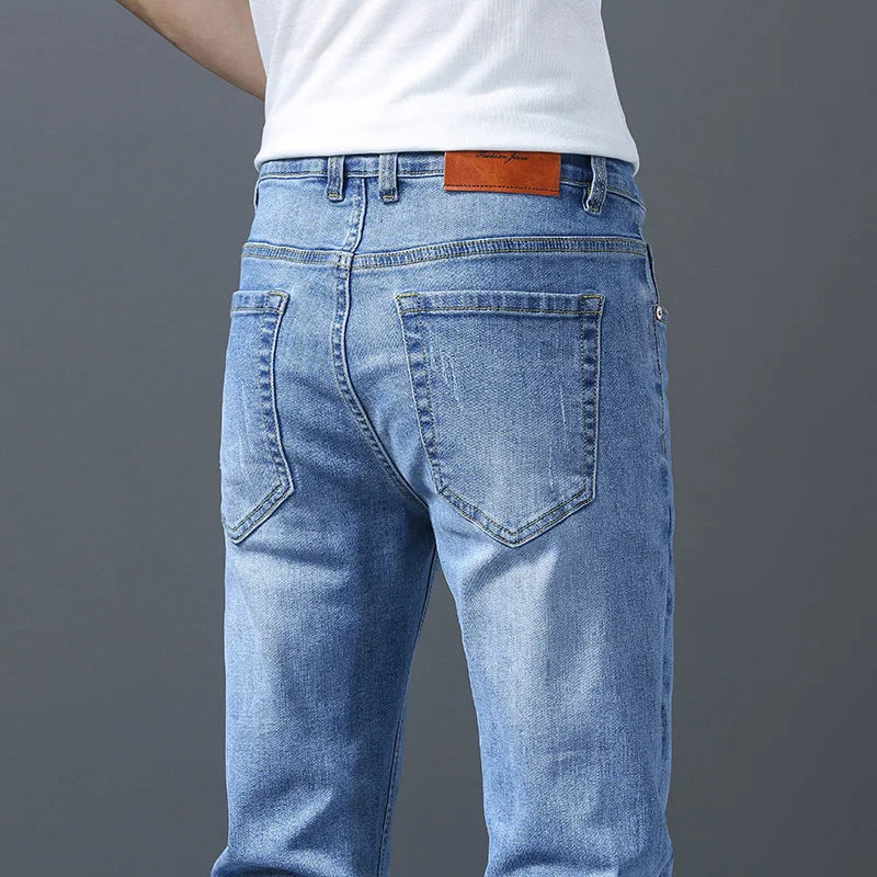 Business Men Straight Leg Classic Jeans Casual Denim Long Pants Slim Fit Simple Man Trousers Fashion Men's Stretch Jeans