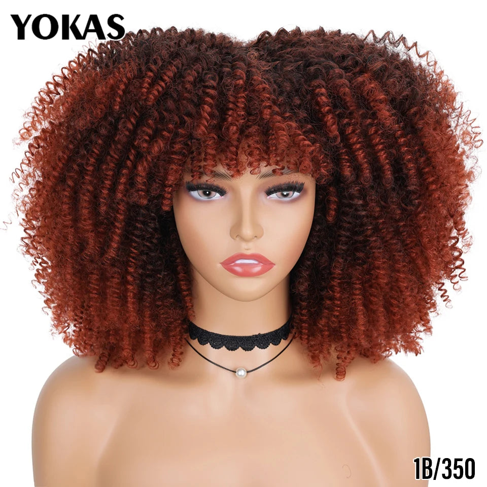 Short Afro Kinky Curly Wig With Bangs Synthetic Hair Female Blonde Pink White Blue Brown Purple Pelucas For Black Women YOKAS