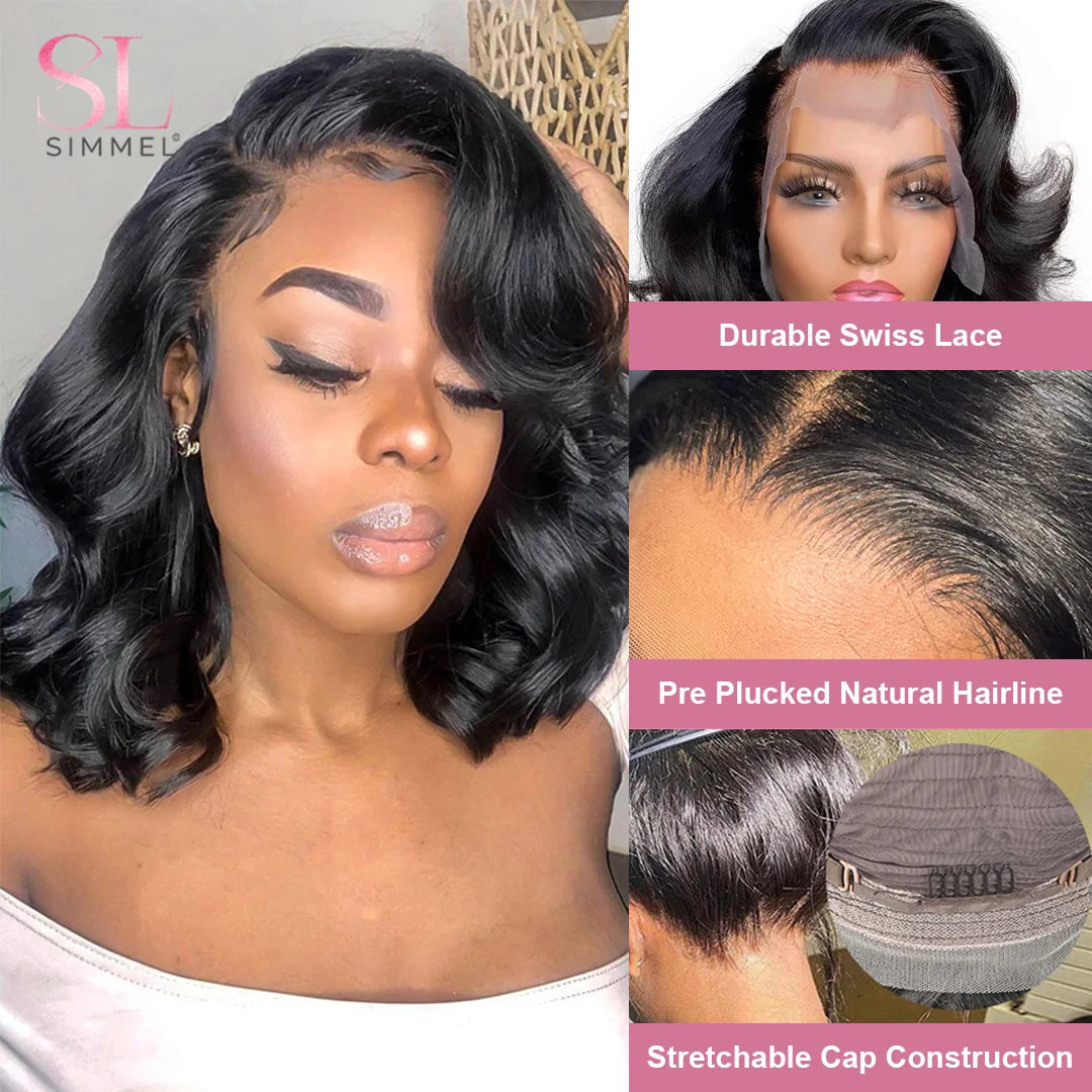 Body Wave Natural Black Bob Peruvian Human Hair Side Part Lace Front Middle Part Wig Pre Plucked Wig For Black Women 180 Density