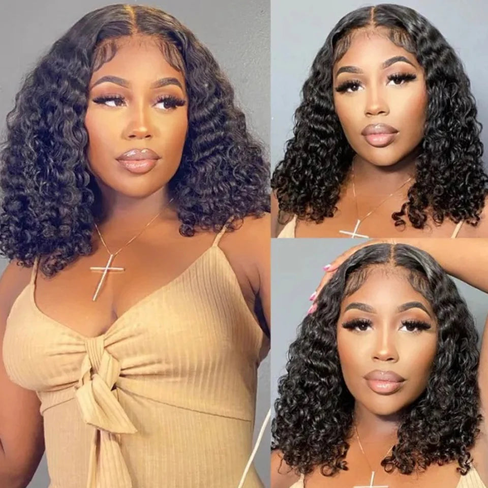 Sleek Curly Human Hair Wig For Women Deep Wave Lace Brazilian Hair Wigs 13x6x1 Transparent Curly Bob Wig 16 Inch Natural Wigs