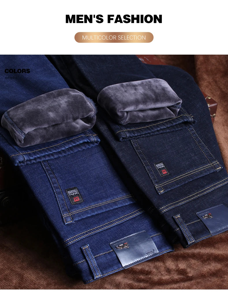 2022 Winter New Men's Fleece Warm Jeans Classic Style Business Casual Thicken Regular Fit Denim Pants Black Blue Brand Trousers