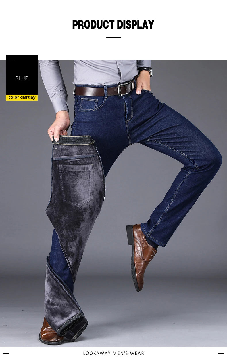 2022 Winter New Men's Fleece Warm Jeans Classic Style Business Casual Thicken Regular Fit Denim Pants Black Blue Brand Trousers