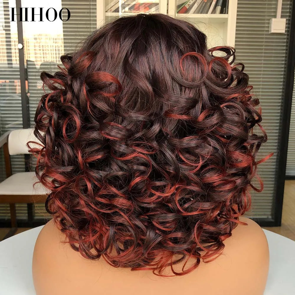 Short Afro Curly Wig With Bangs For Black Women Synthetic Fluffy Mixed Brown Blonde Wig Natural High Temperat Red