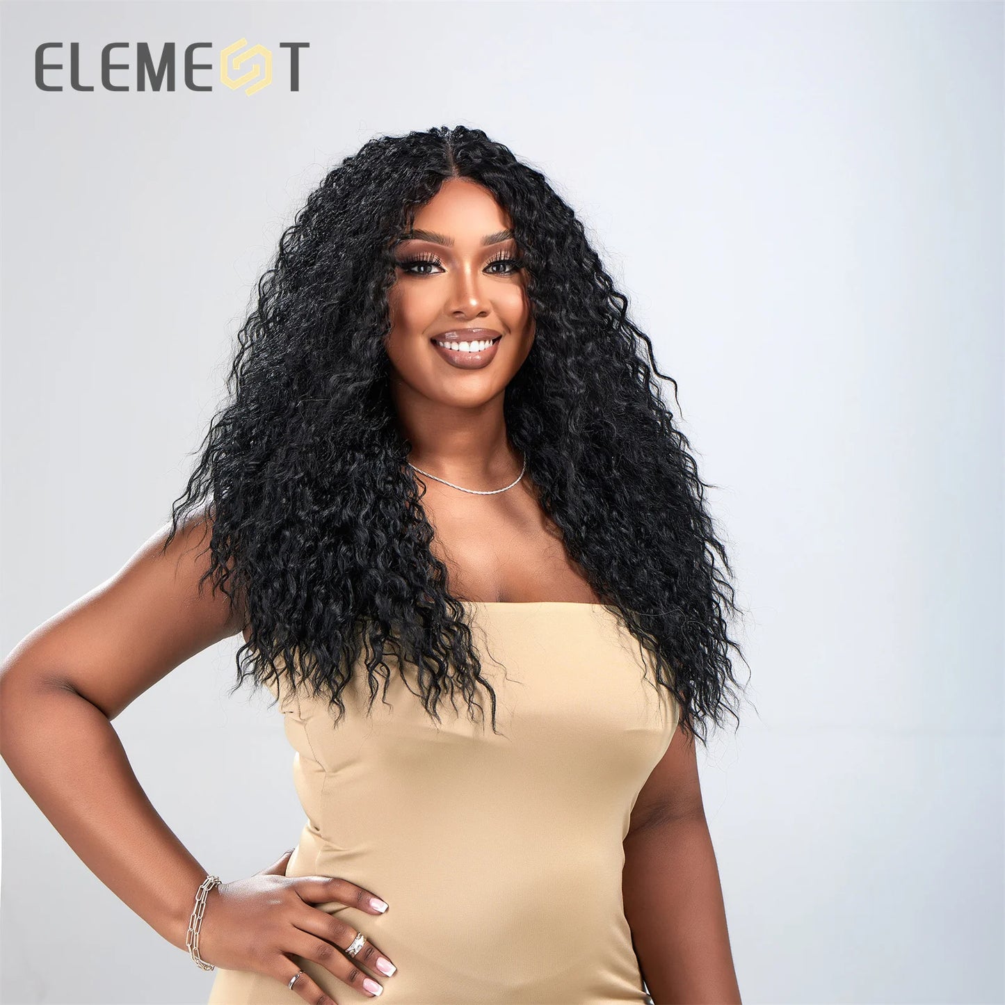 ELEMENT New Style Synthetic Long Wavy Curly Black Middle Part Hair Wigs for Women Heat Resistant  Party Daily Wig Peluca Hair