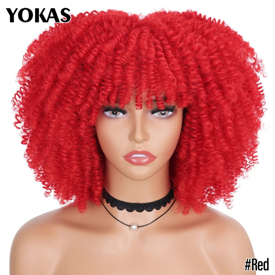 Short Afro Kinky Curly Wig With Bangs Synthetic Hair Female Blonde Pink White Blue Brown Purple Pelucas For Black Women YOKAS