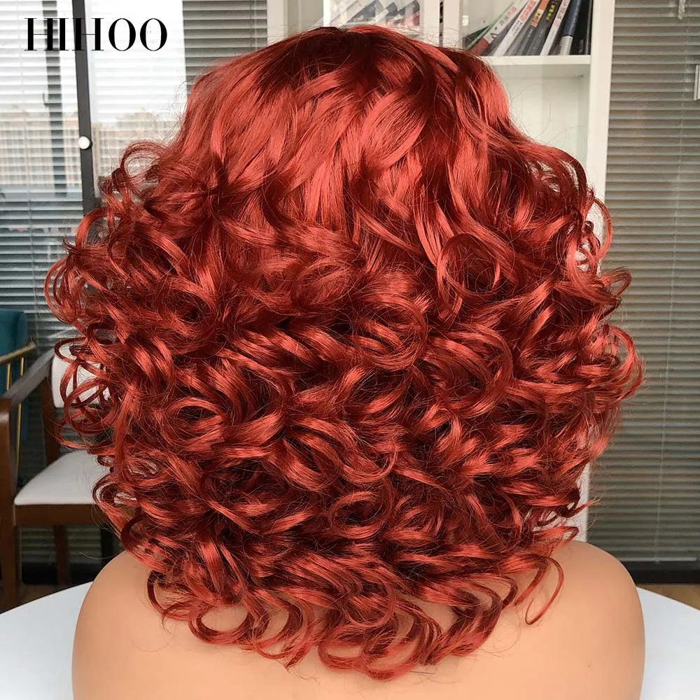 Short Afro Curly Wig With Bangs For Black Women Synthetic Fluffy Mixed Brown Blonde Wig Natural High Temperat Red