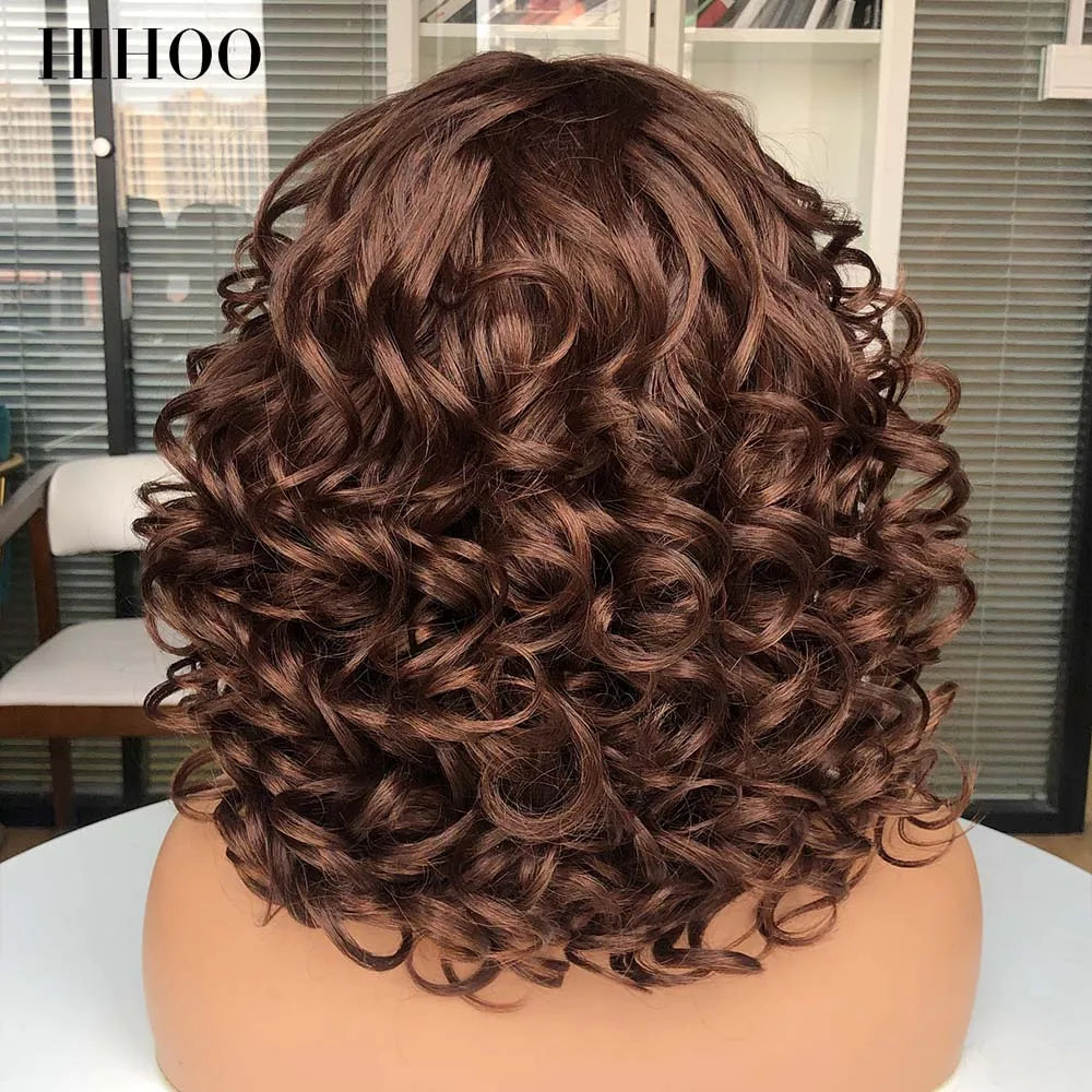 Short Afro Curly Wig With Bangs For Black Women Synthetic Fluffy Mixed Brown Blonde Wig Natural High Temperat Red